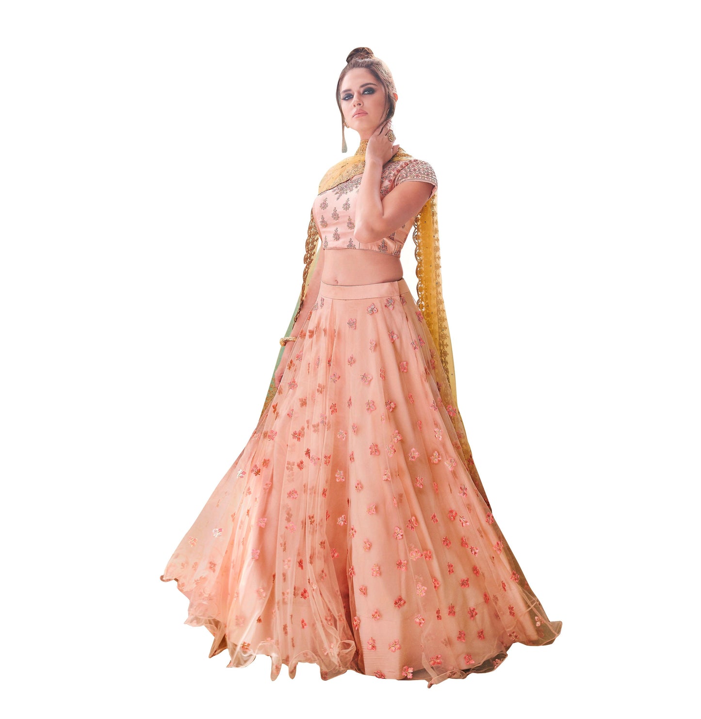Designer Peach Semi Stitched Net Lehenga Choli Dupatta 4152-Anvi Creations-Lehenga Choli