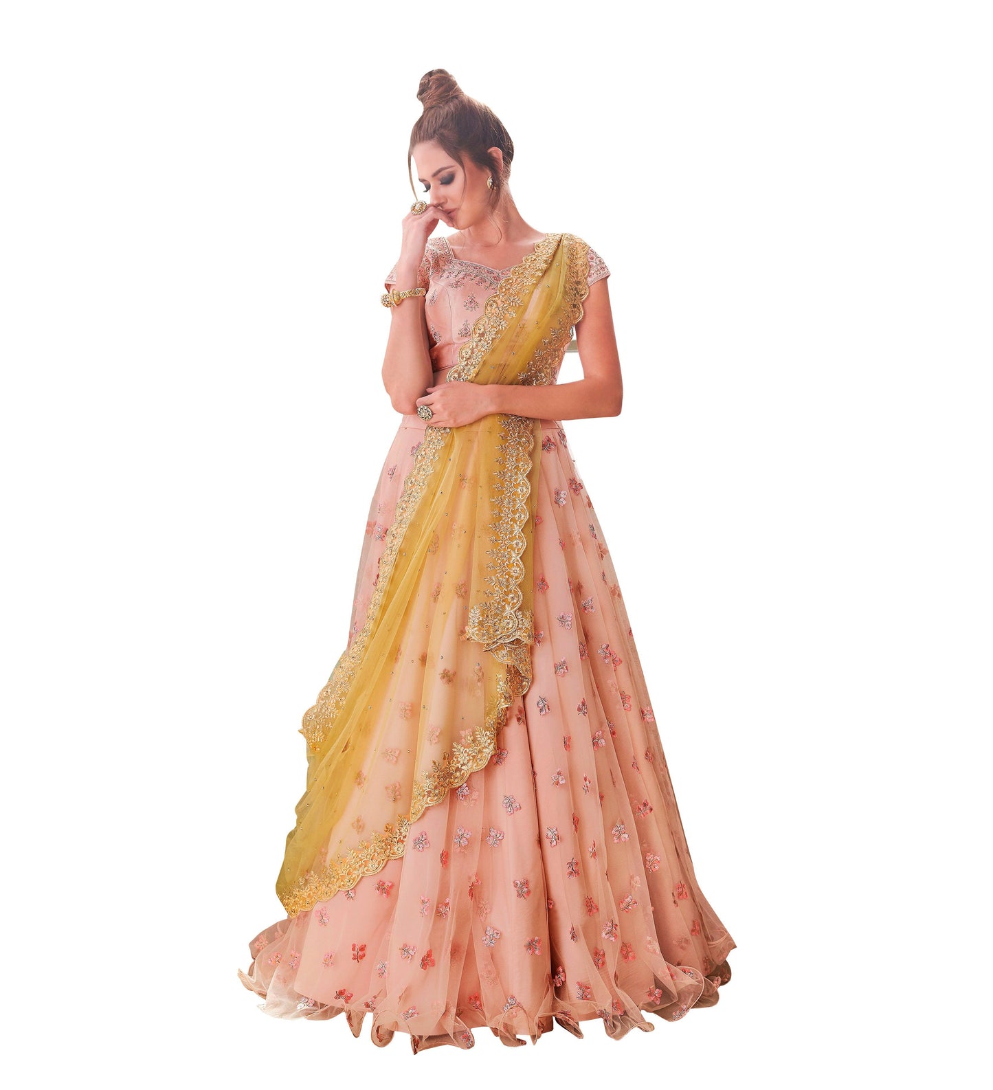 Designer Peach Semi Stitched Net Lehenga Choli Dupatta 4152-Anvi Creations-Lehenga Choli