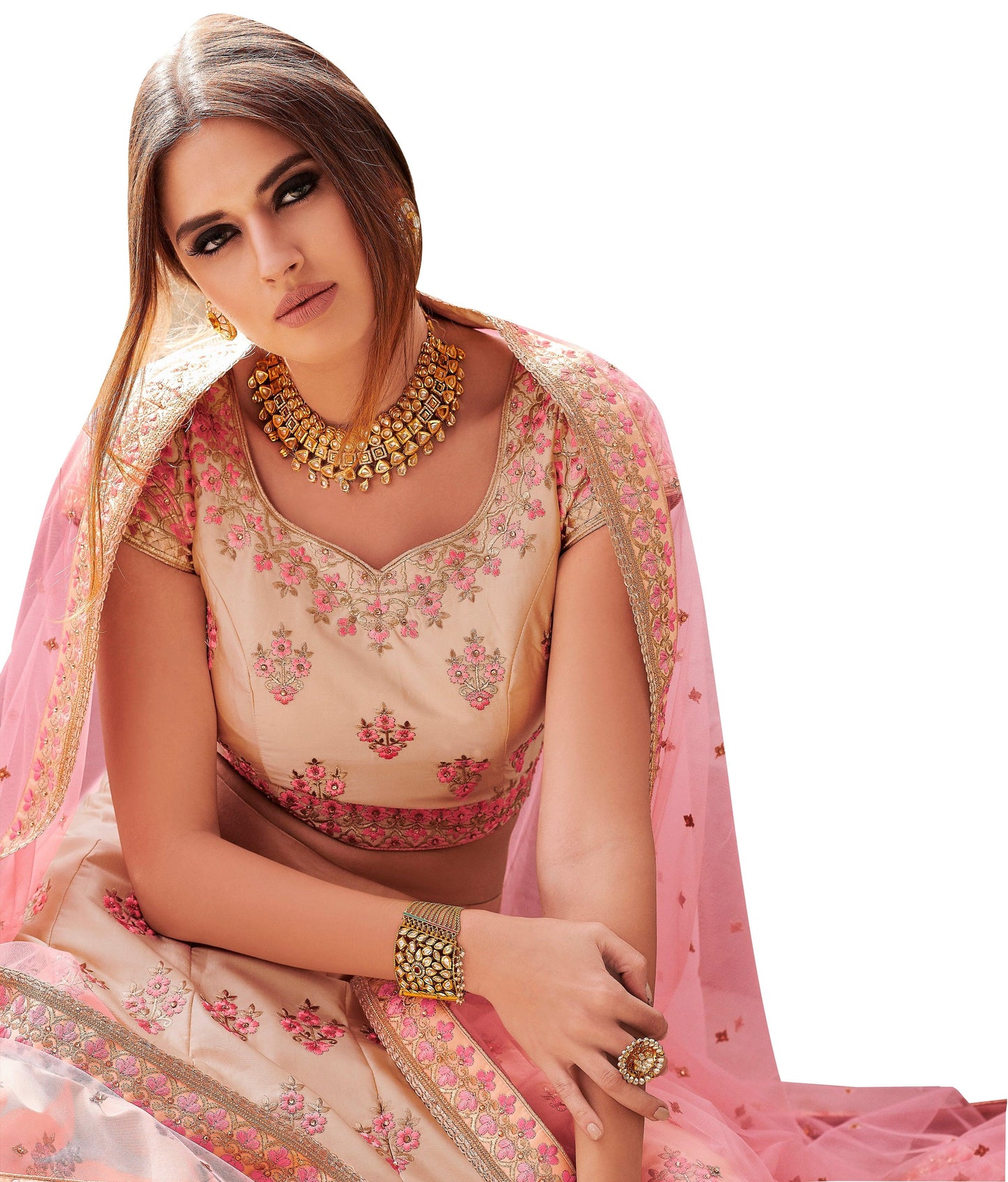 Designer Peach Semi Stitched Satin Silk Lehenga Choli Dupatta 4154-Anvi Creations-Lehenga Choli