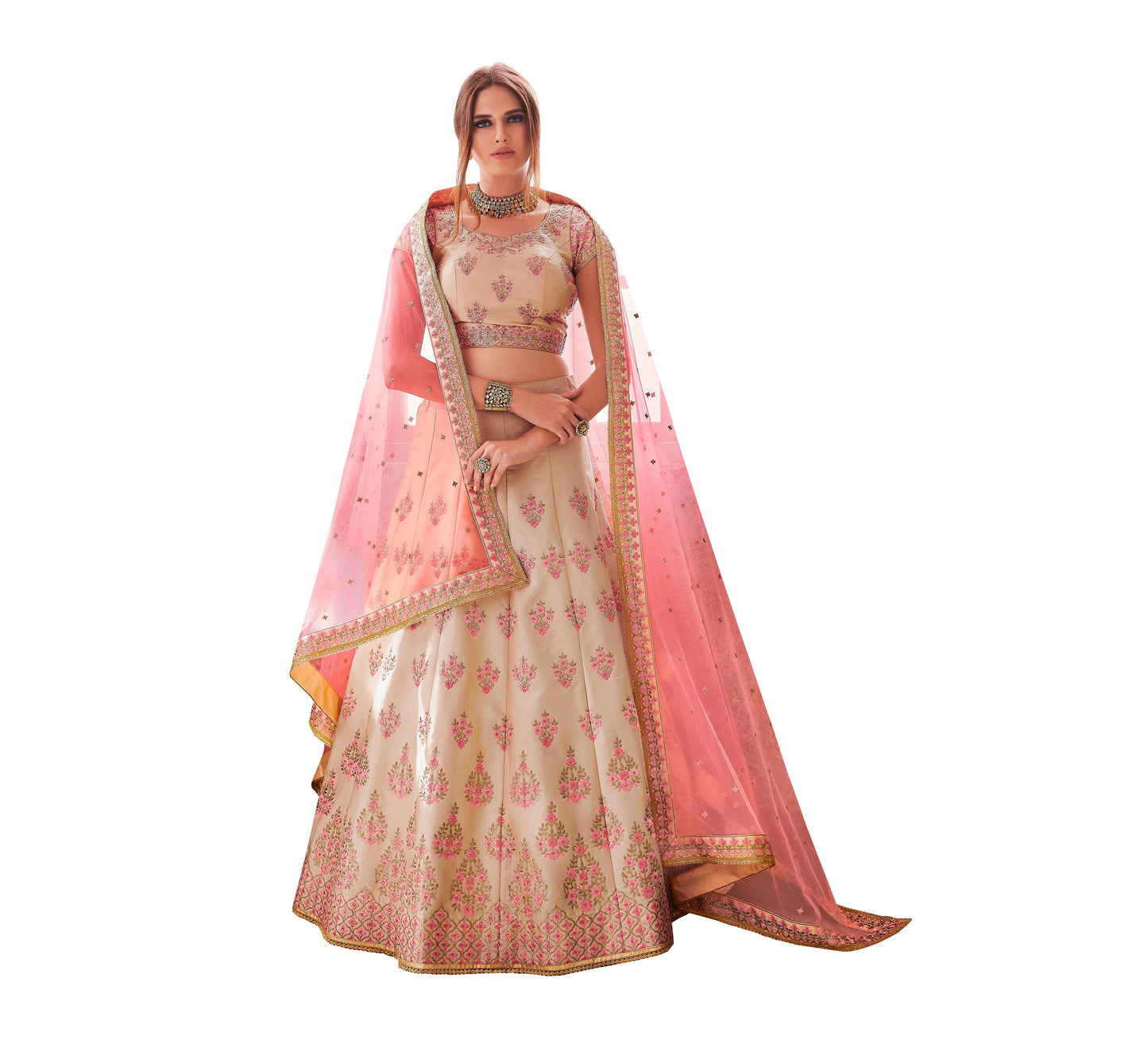 Designer Peach Semi Stitched Satin Silk Lehenga Choli Dupatta 4154-Anvi Creations-Lehenga Choli