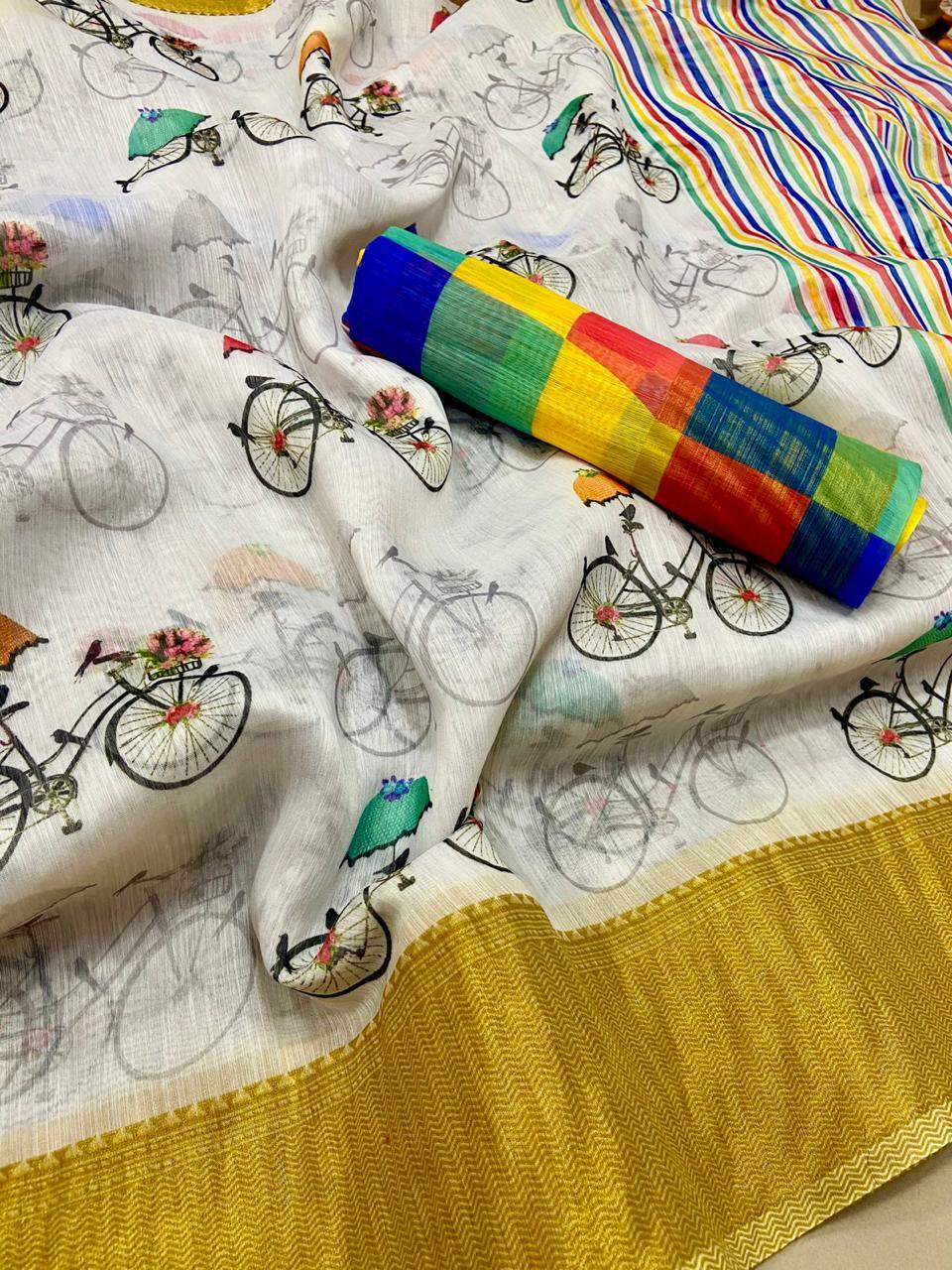 Designer Off white Quirky Printed Linen Silk Saree ND01-Anvi Creations-Handloom saree