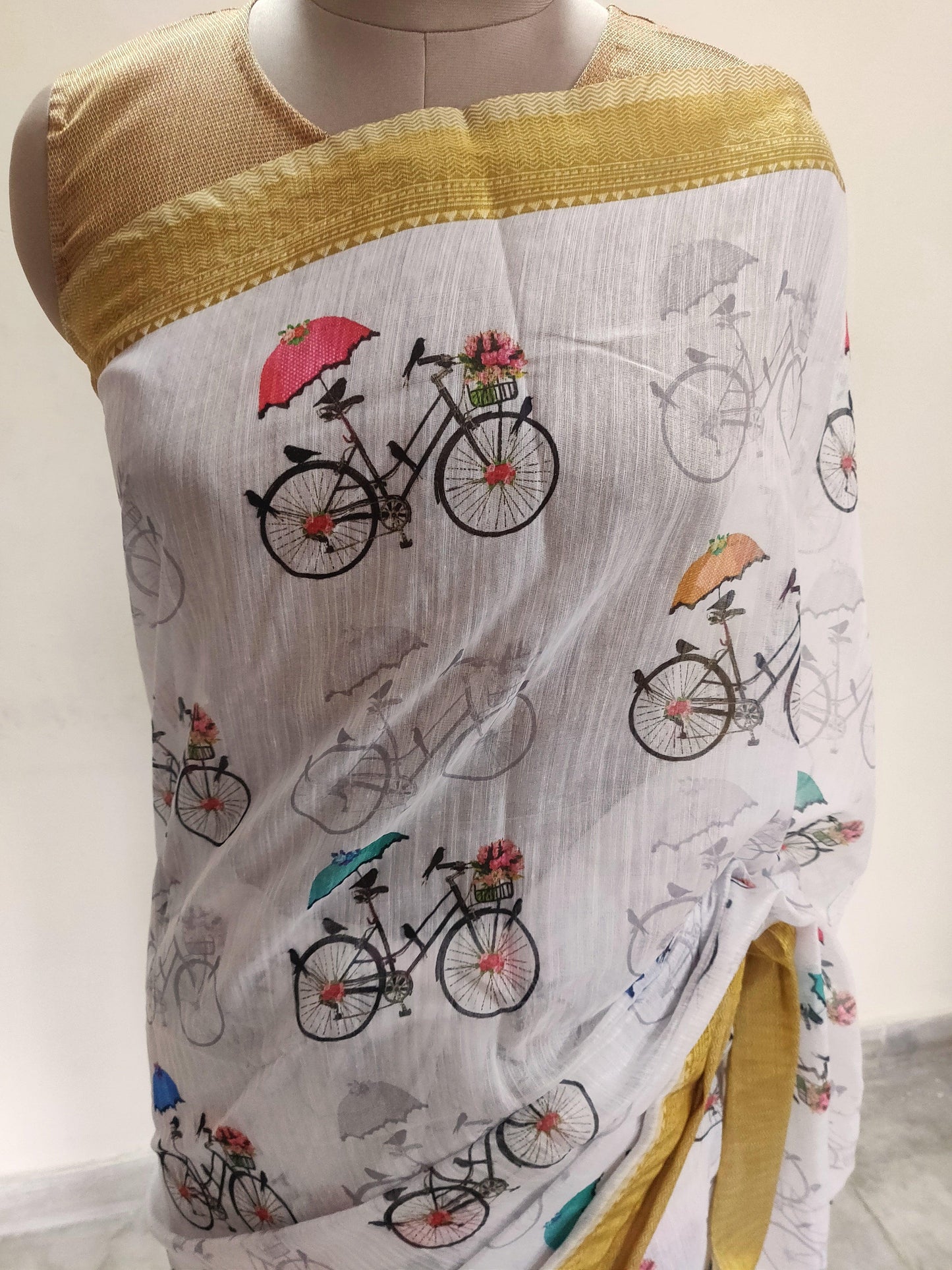Designer Off white Quirky Printed Linen Silk Saree ND01-Anvi Creations-Handloom saree