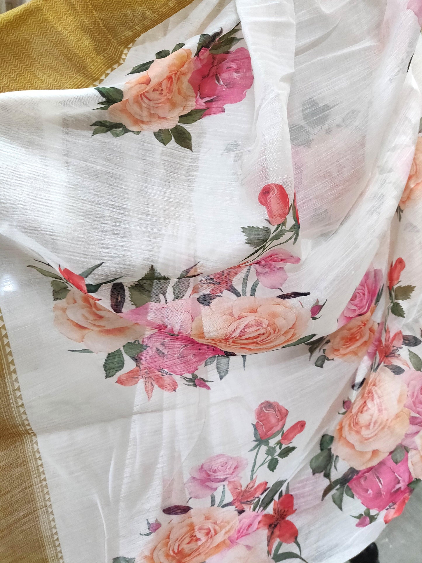 Designer Off white Floral Printed Linen Silk Saree ND03-Anvi Creations-Handloom saree