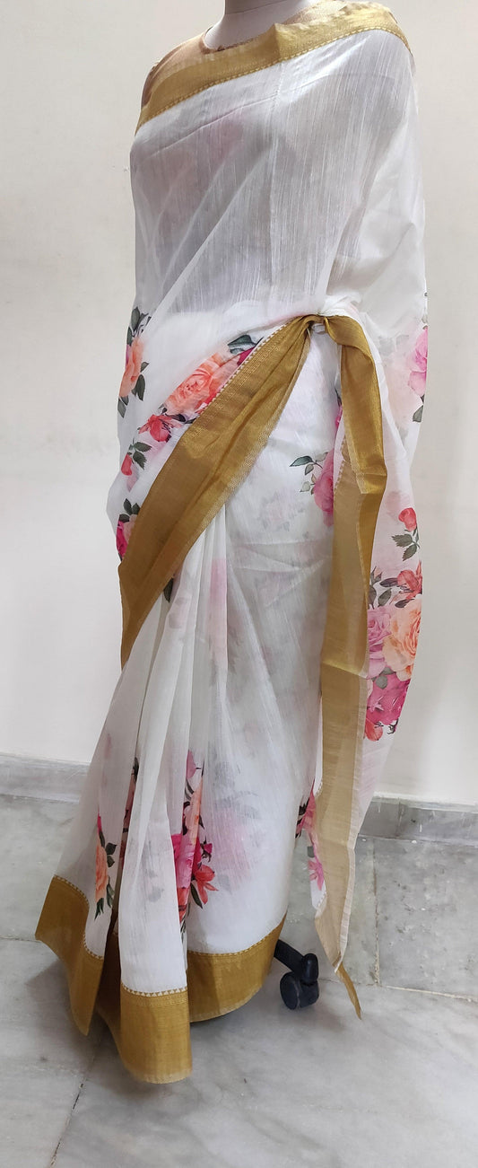 Designer Off white Floral Printed Linen Silk Saree ND03-Anvi Creations-Handloom saree