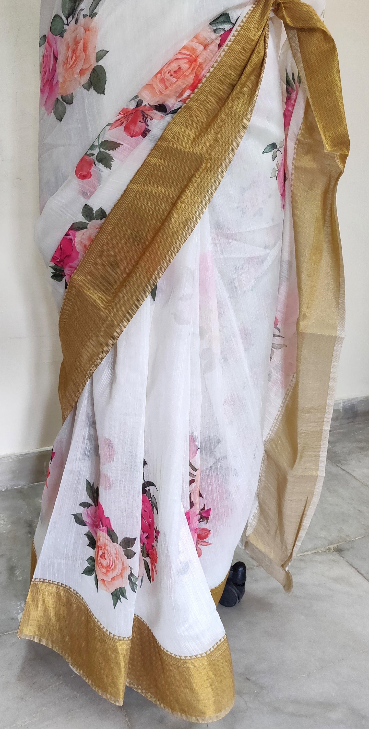 Designer Off white Floral Printed Linen Silk Saree ND03-Anvi Creations-Handloom saree