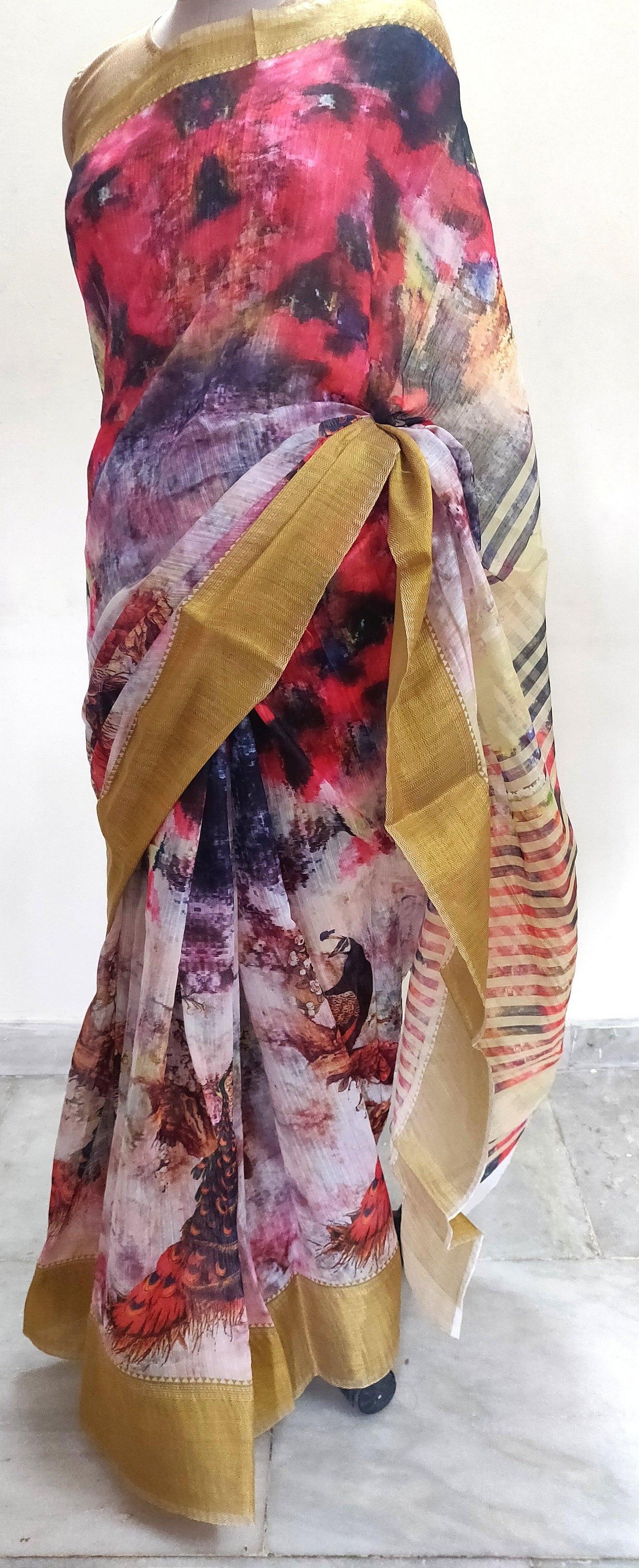 Designer Multi Digital Printed Linen Silk Saree ND04-Anvi Creations-Handloom saree,Linen Saree