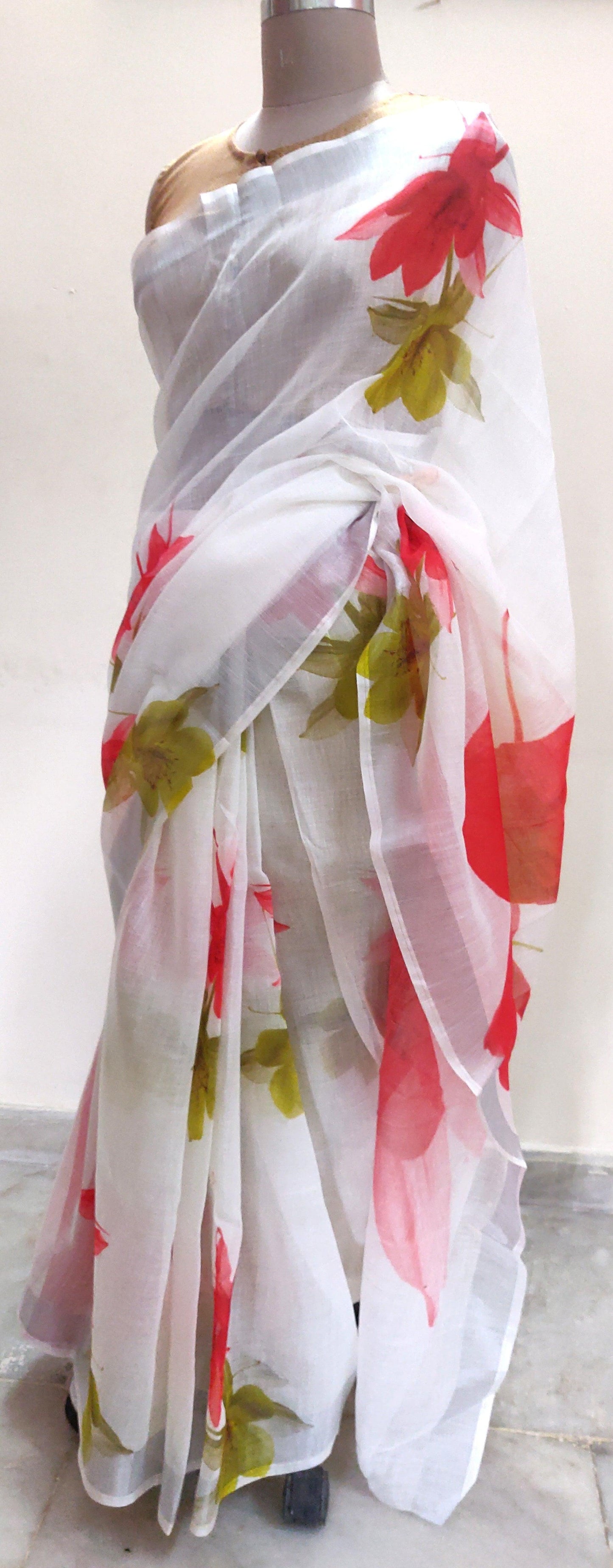 Designer Off White Floral Printed Linen Silk Saree ND05-Anvi Creations-Handloom saree,Linen Saree