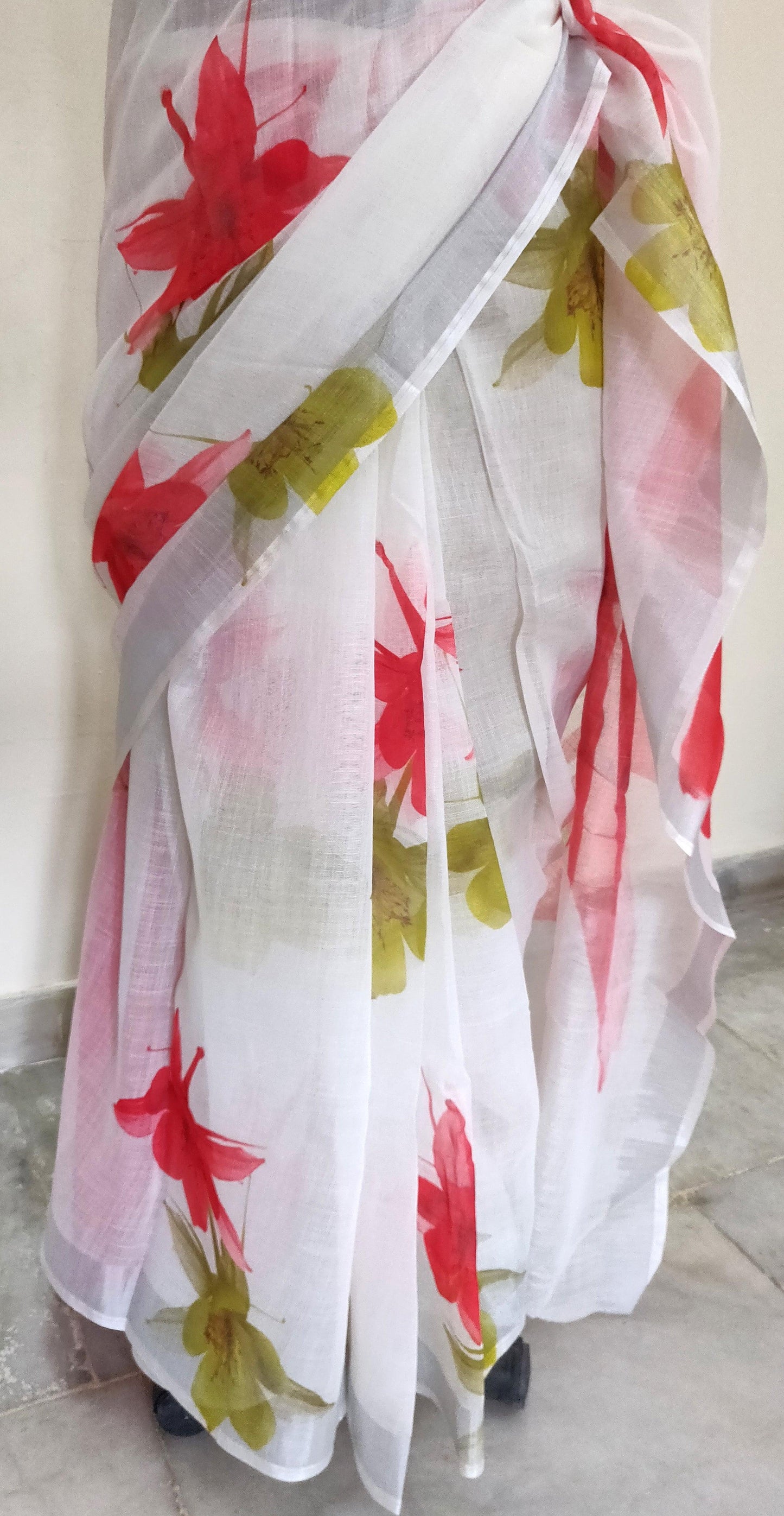 Designer Off White Floral Printed Linen Silk Saree ND05-Anvi Creations-Handloom saree,Linen Saree