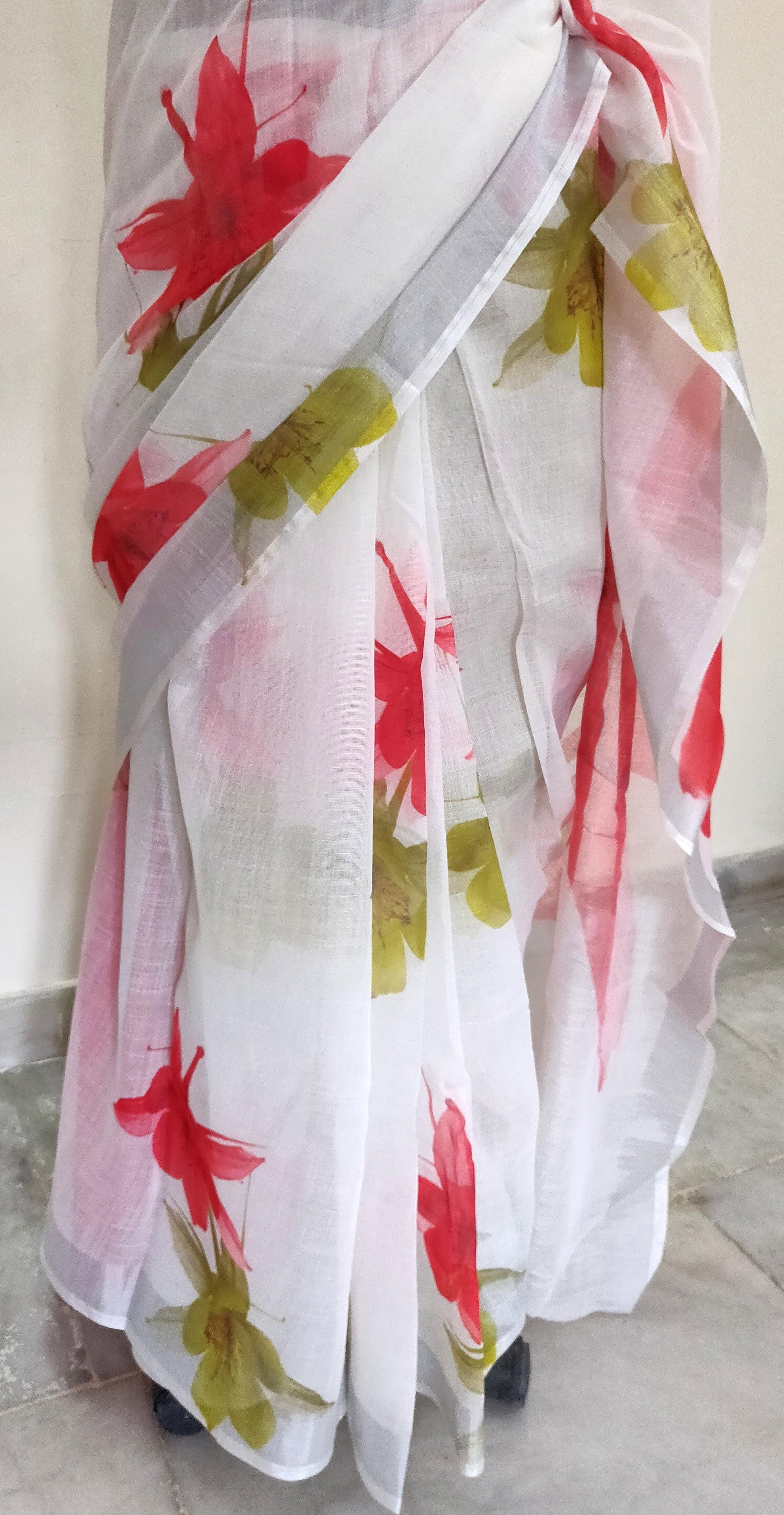 Designer Off White Floral Printed Linen Silk Saree ND05-Anvi Creations-Handloom saree,Linen Saree