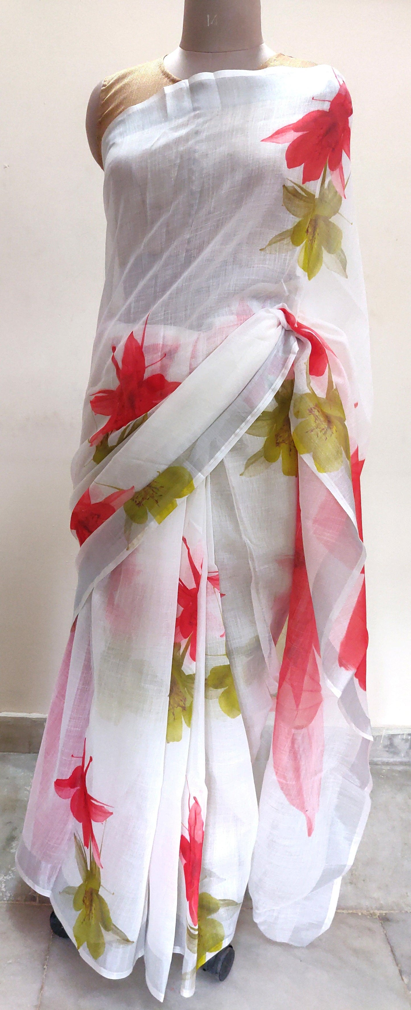 Designer Off White Floral Printed Linen Silk Saree ND05-Anvi Creations-Handloom saree,Linen Saree