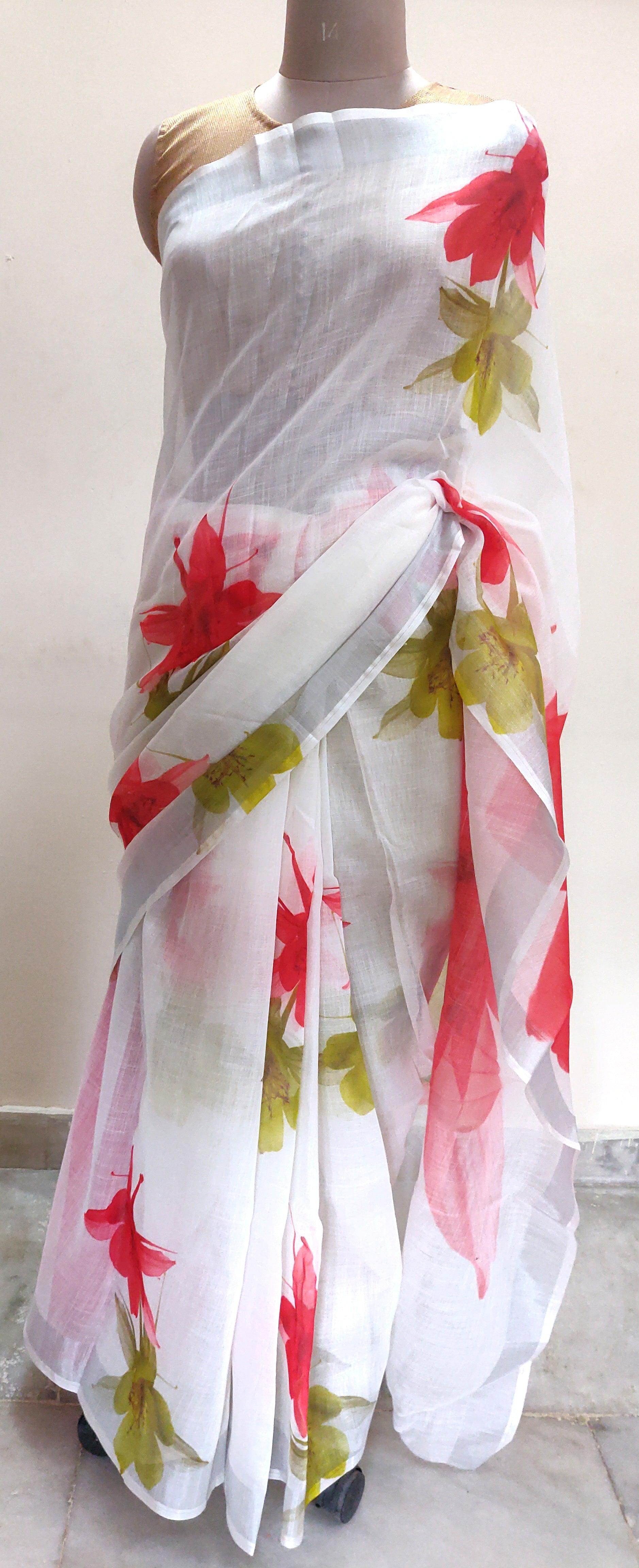 Designer Off White Floral Printed Linen Silk Saree ND05-Anvi Creations-Handloom saree,Linen Saree