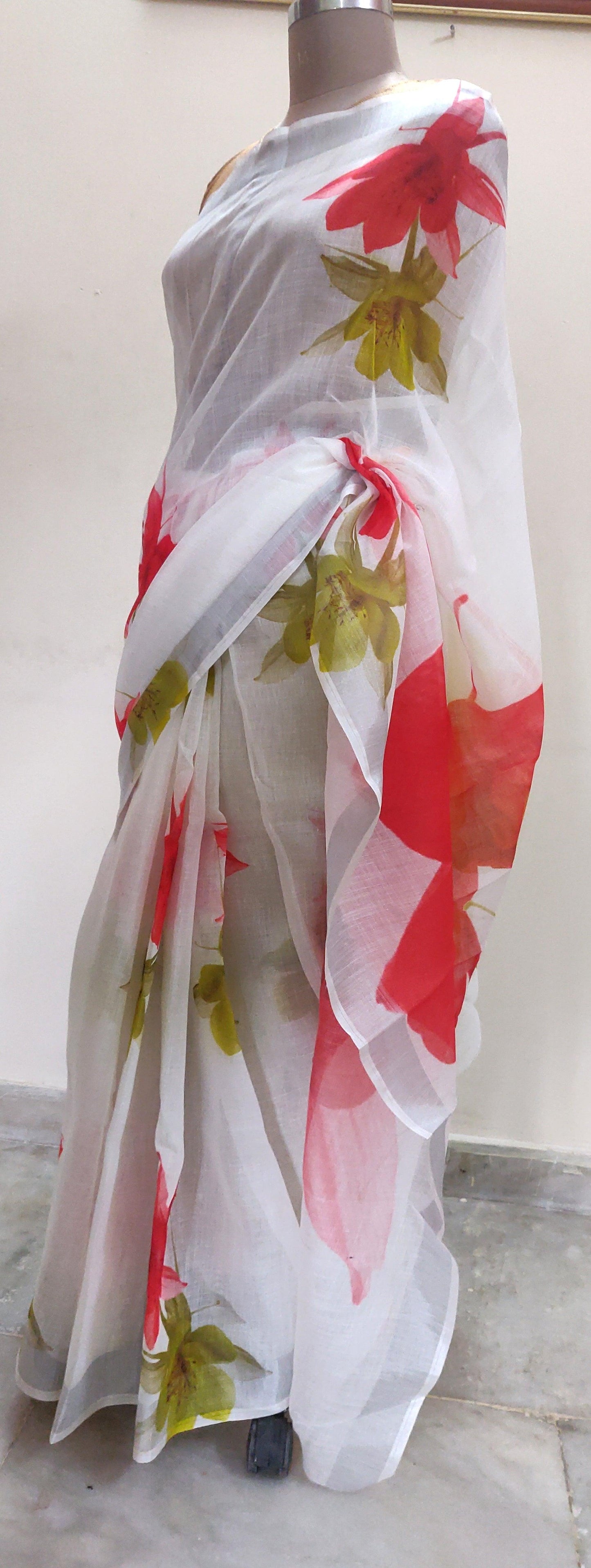 Designer Off White Floral Printed Linen Silk Saree ND05-Anvi Creations-Handloom saree,Linen Saree