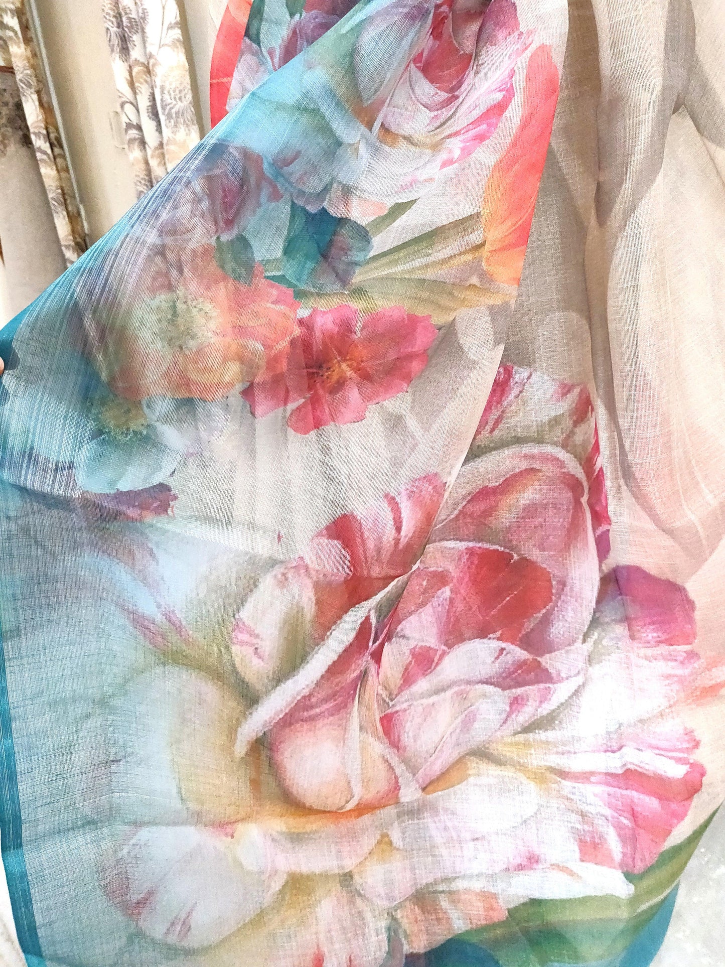 Designer Beige Floral Printed Linen Silk Saree ND07-Anvi Creations-Handloom saree,Linen Saree