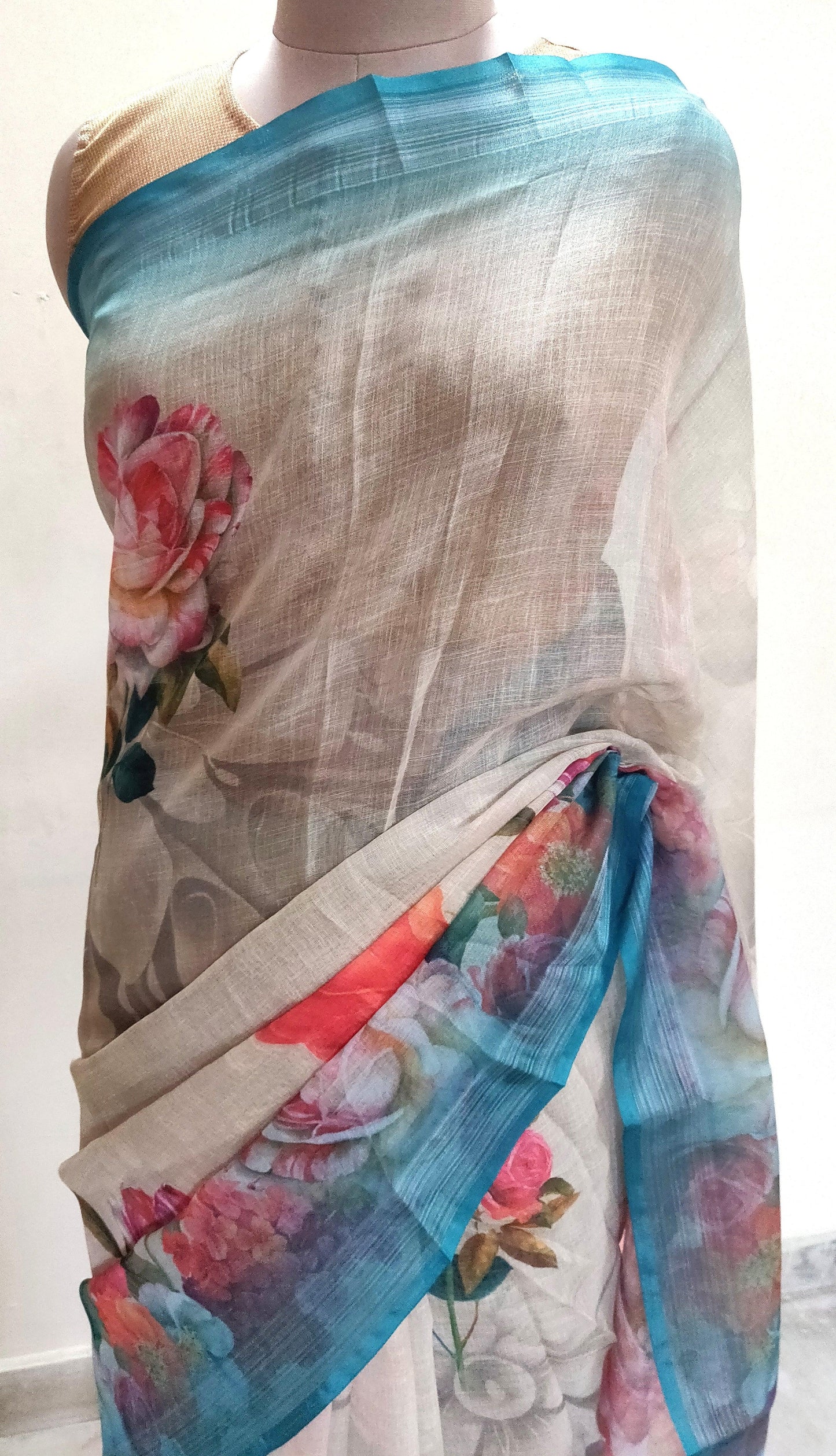 Designer Beige Floral Printed Linen Silk Saree ND07-Anvi Creations-Handloom saree,Linen Saree