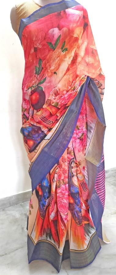Designer Orange Multi Digital Printed Linen Cotton Saree ND11-Anvi Creations-Handloom saree,Linen Saree