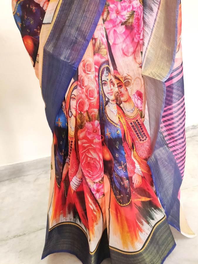 Designer Orange Multi Digital Printed Linen Cotton Saree ND11-Anvi Creations-Handloom saree,Linen Saree
