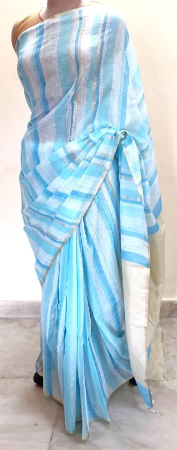 Designer Light Blue Striped Linen Cotton Saree ND12-Anvi Creations-Handloom saree,Linen Saree