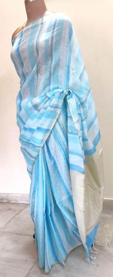 Designer Light Blue Striped Linen Cotton Saree ND12-Anvi Creations-Handloom saree,Linen Saree