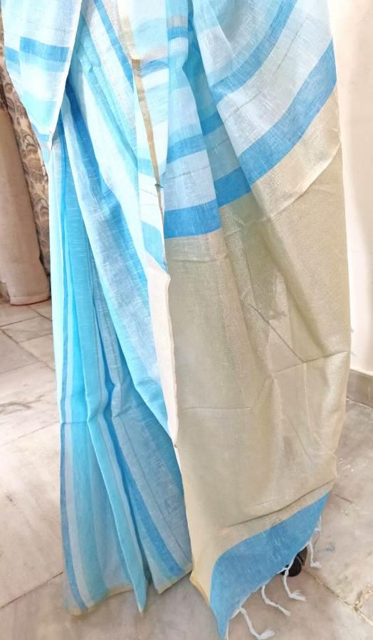 Designer Light Blue Striped Linen Cotton Saree ND12-Anvi Creations-Handloom saree,Linen Saree