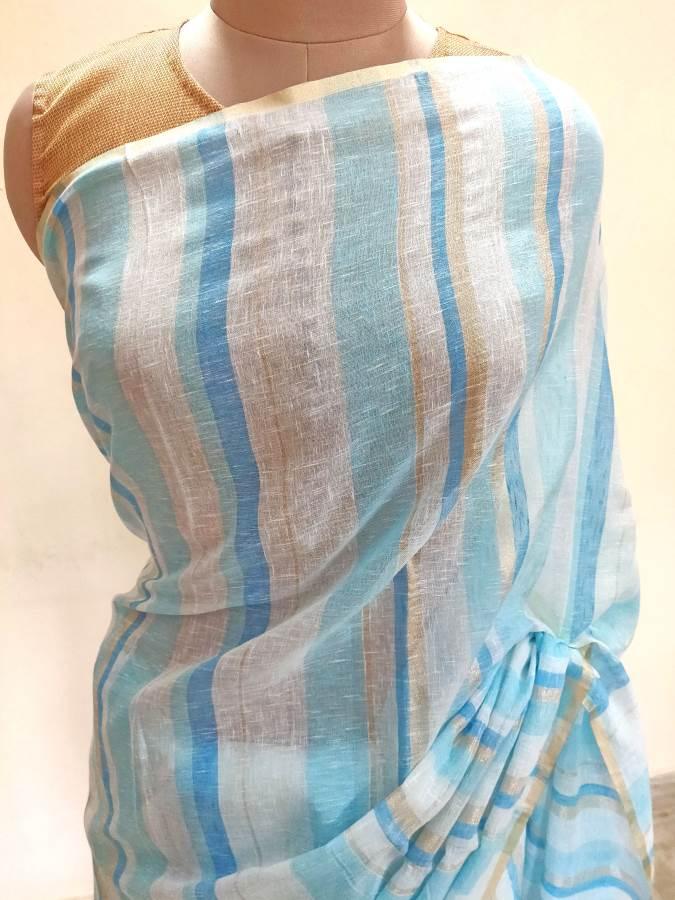 Designer Light Blue Striped Linen Cotton Saree ND12-Anvi Creations-Handloom saree,Linen Saree