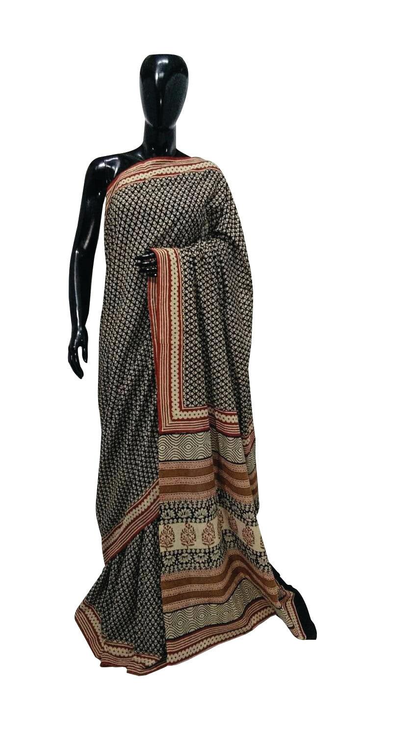 Exclusive Bagru Hand Block Printed Black Cotton Saree NV01-Anvi Creations-Handloom