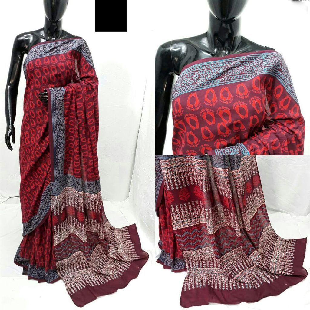 Exclusive Bagru Hand Block Printed Maroon Cotton Saree NV04-Anvi Creations-Handloom