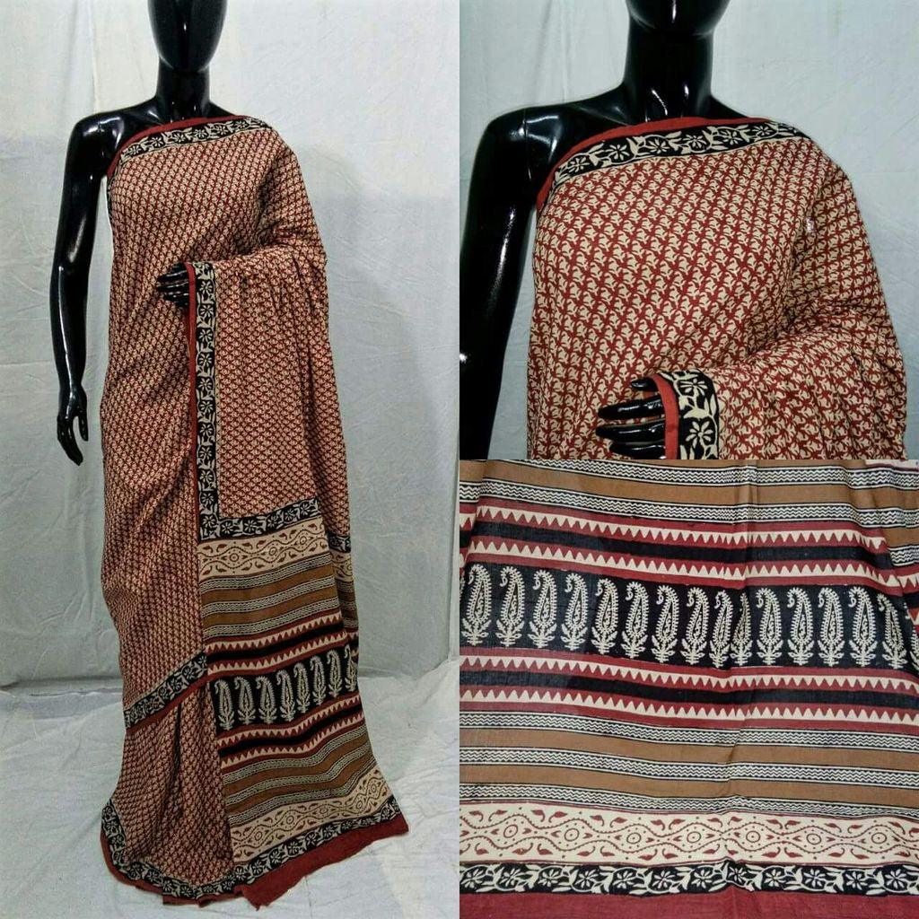 Exclusive Bagru Hand Block Printed Maroon Cotton Saree NV10-Anvi Creations-Handloom