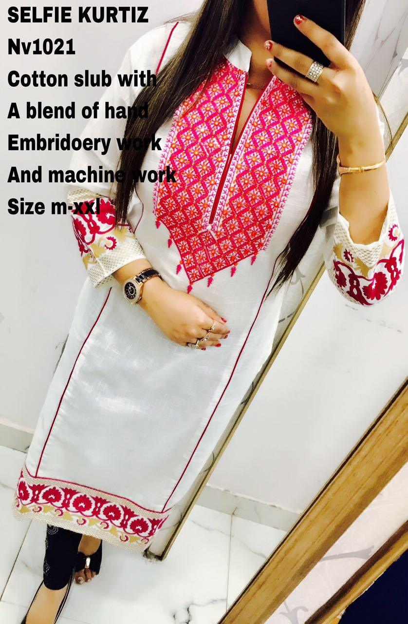 Designer Selfie Slub Cotton White Embroidered Kurti Kurta NV1021-Anvi Creations-