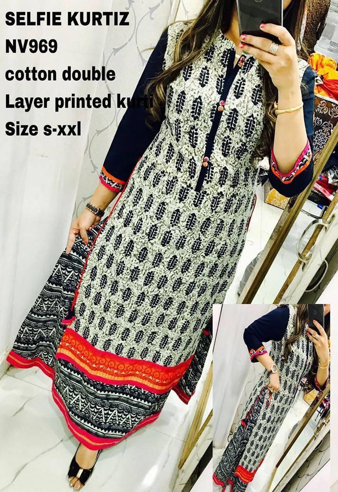 Designer Selfie Offwhite Double Layer Cotton Long Kurta Kurti Dress NV969-Anvi Creations-