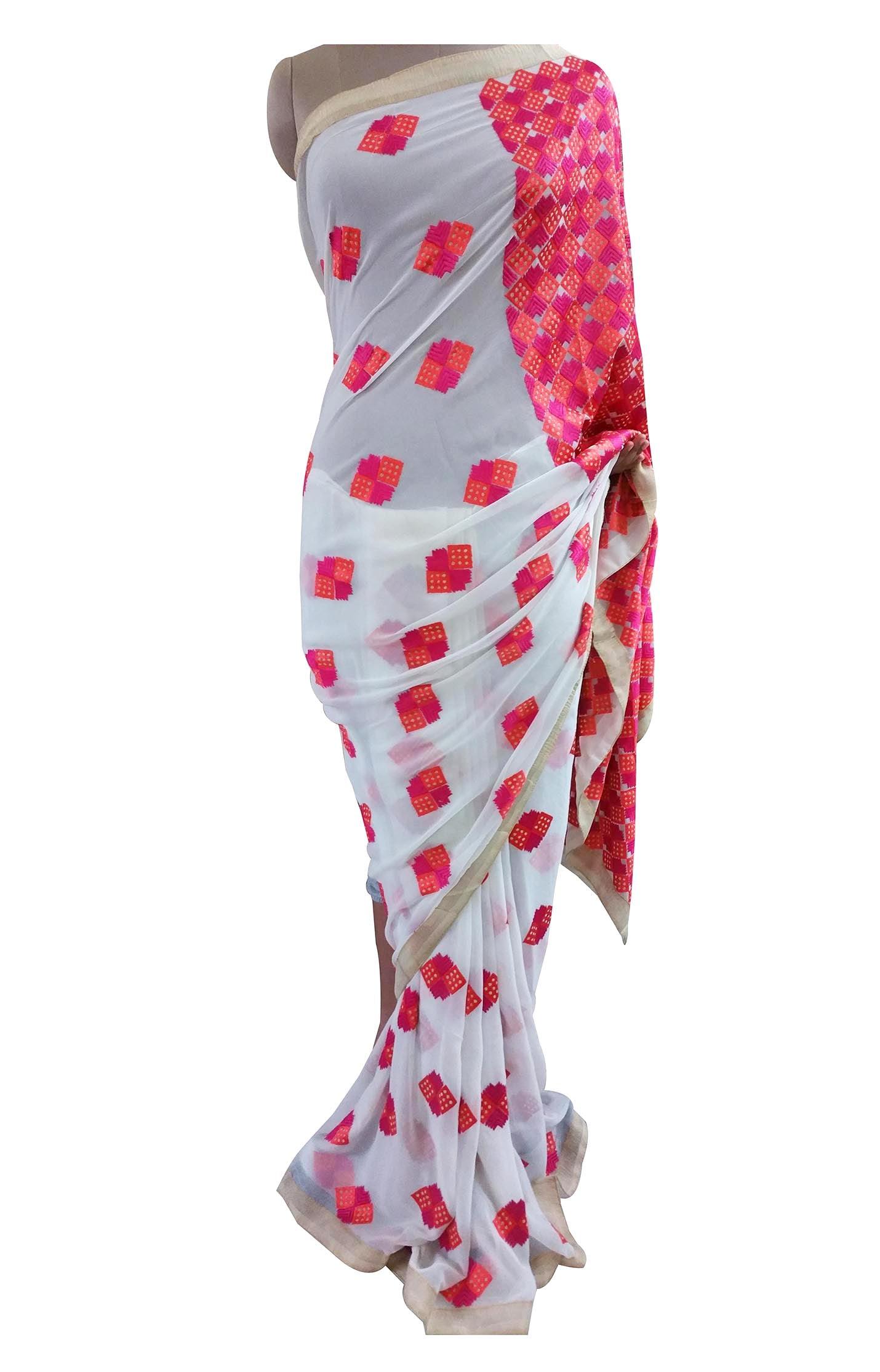 Off White Georgette Saree with Phulakari Embroidery PHS93-Anvi Creations-Phulkari Saree