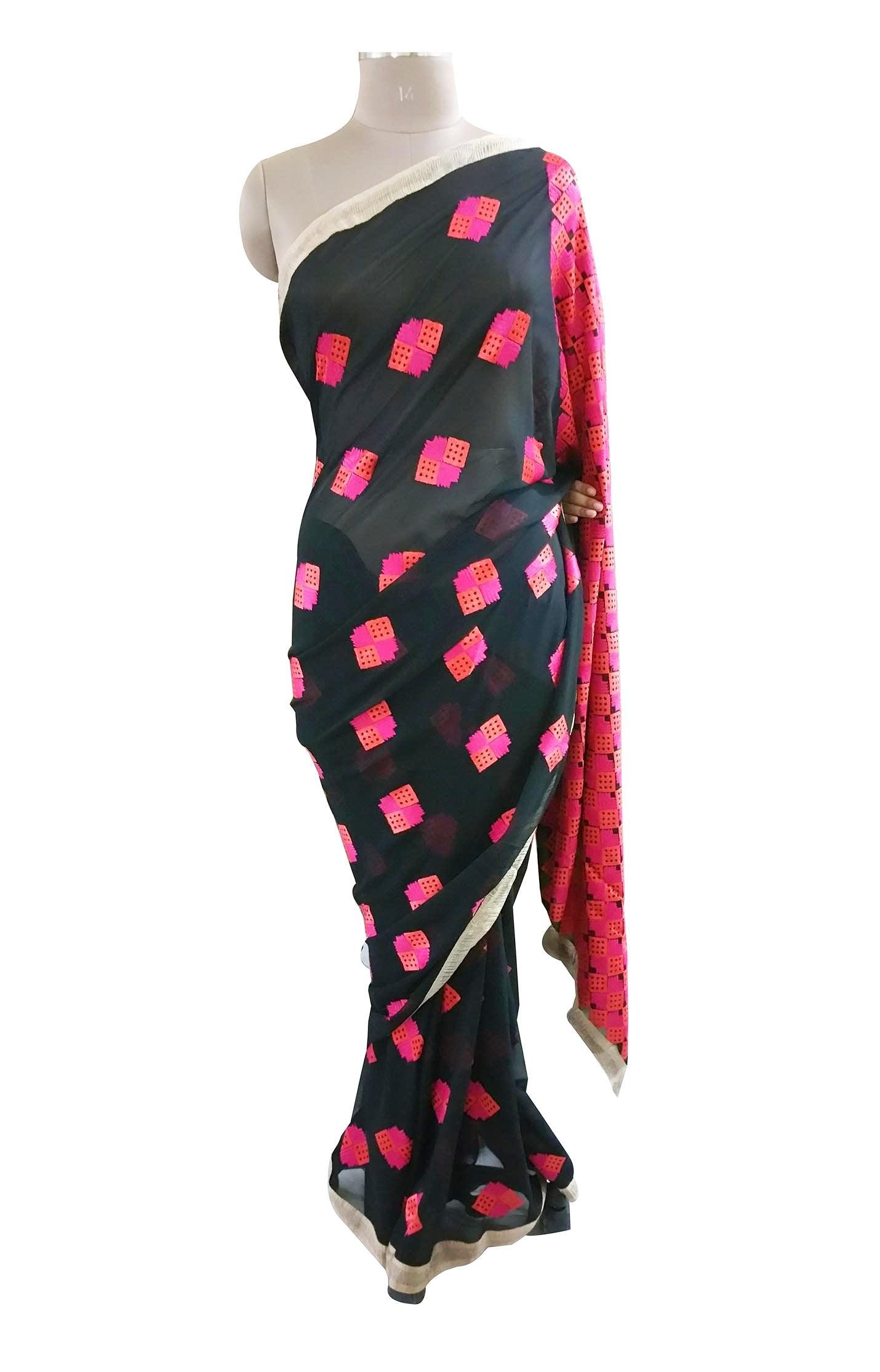 Black Georgette Saree with Phulakari Embroidery PHS94-Anvi Creations-Phulkari Saree