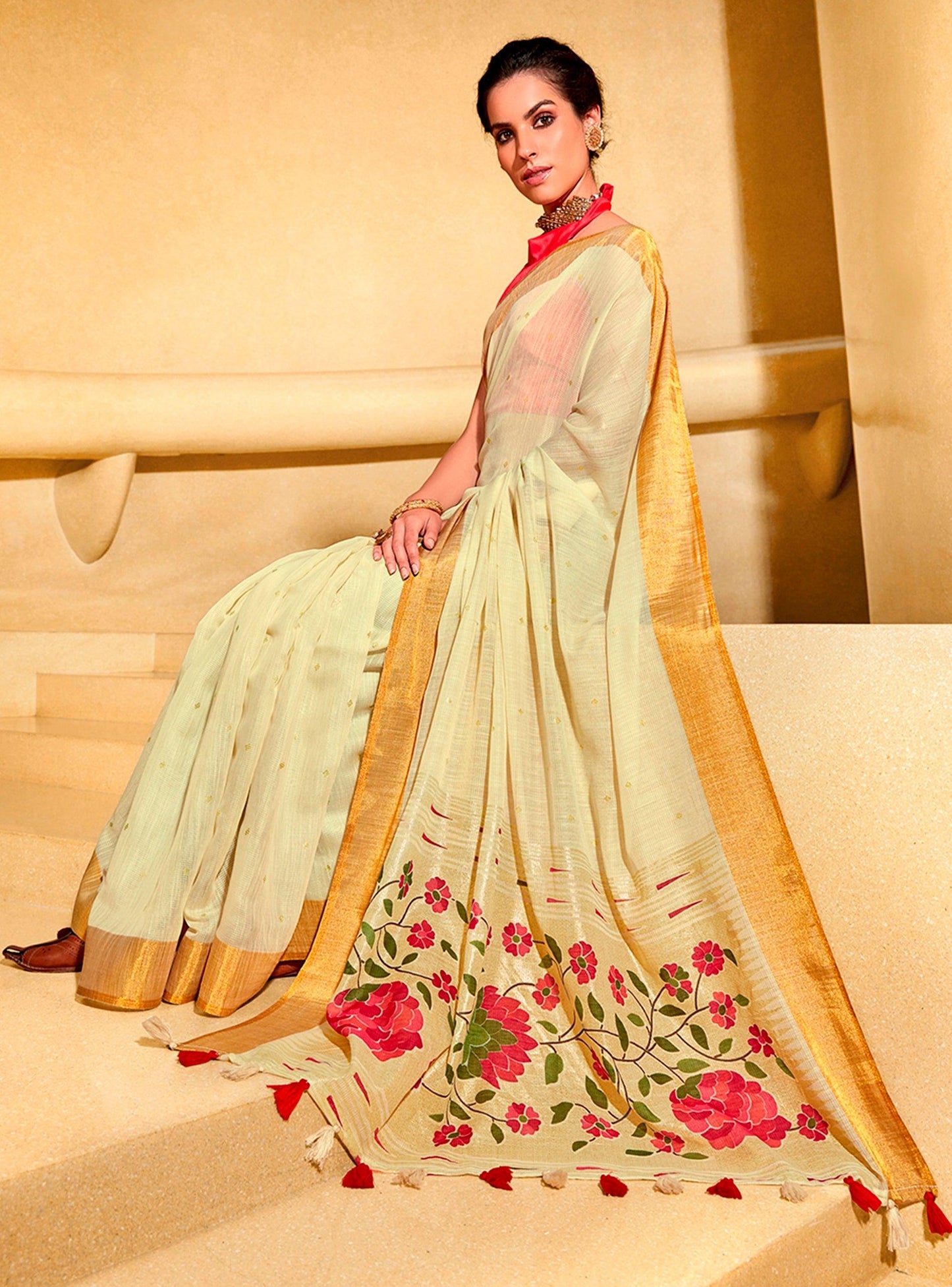 Designer Off White Cream Linen Cotton Zari Foil Printed Saree PR73 - Ethnic's By Anvi Creations