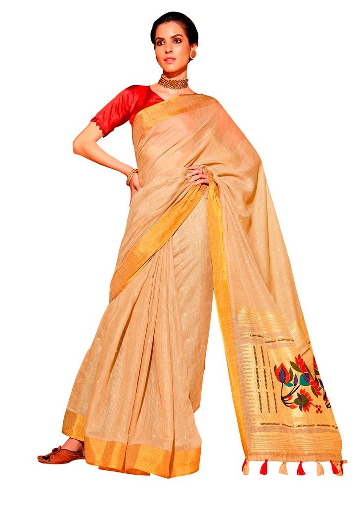 Designer Beige Linen Cotton Zari Foil Printed Saree PR76 - Ethnic's By Anvi Creations