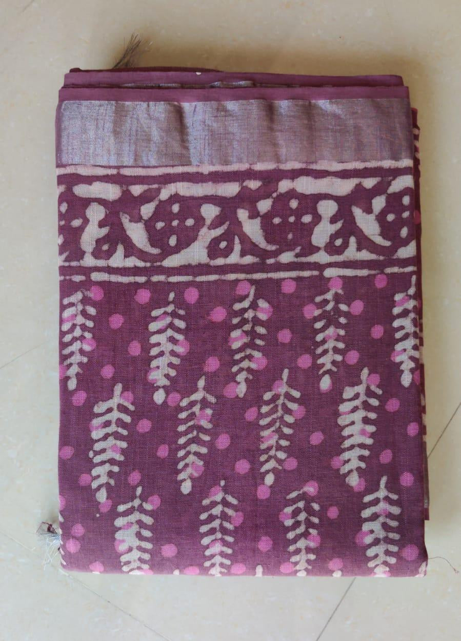 Onion Pink Linen Cotton Hand Block Printed Saree RF02 - Ethnic's By Anvi Creations