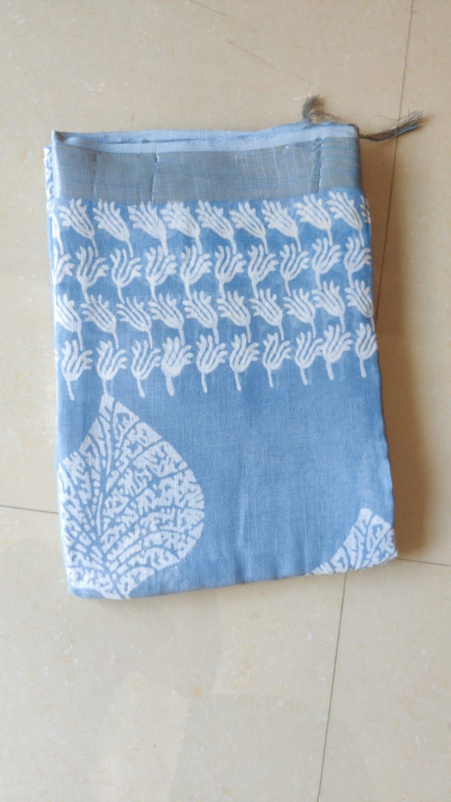 Sky Blue Linen Cotton Hand Block Printed Saree RF05 - Ethnic's By Anvi Creations