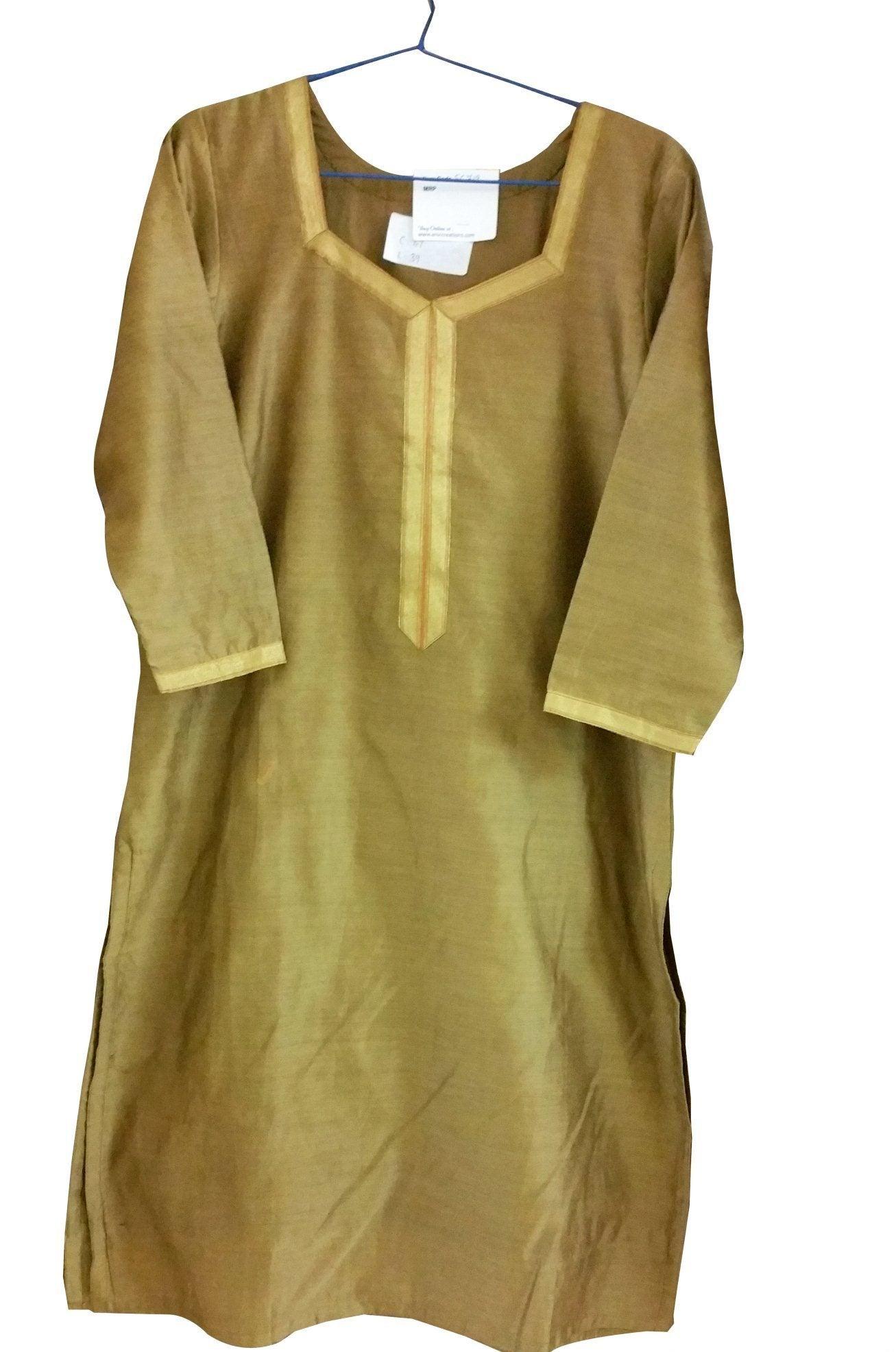 Gold Beige Chanderi cotton Stitched Kurta Dress Size 40 SC719-Anvi Creations-Kurta,Kurti,Top,Tunic