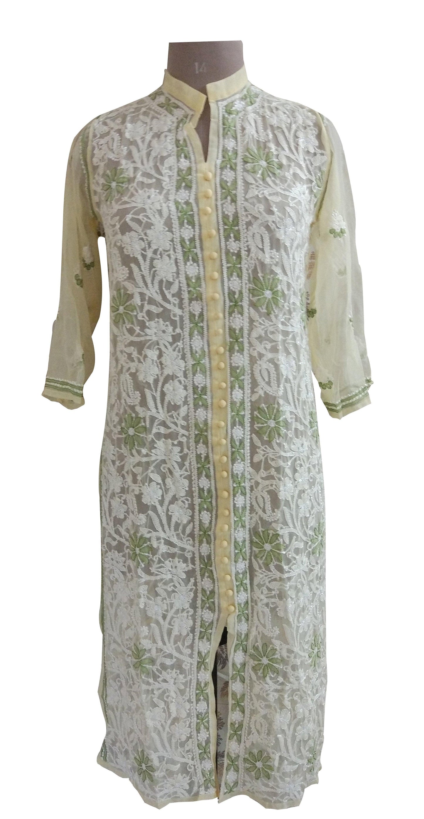 Designer Georgette Cream Chikankari Long Kurti Kurta SC903 SZ 40-Anvi Creations-Kurta,Kurti,Top,Tunic