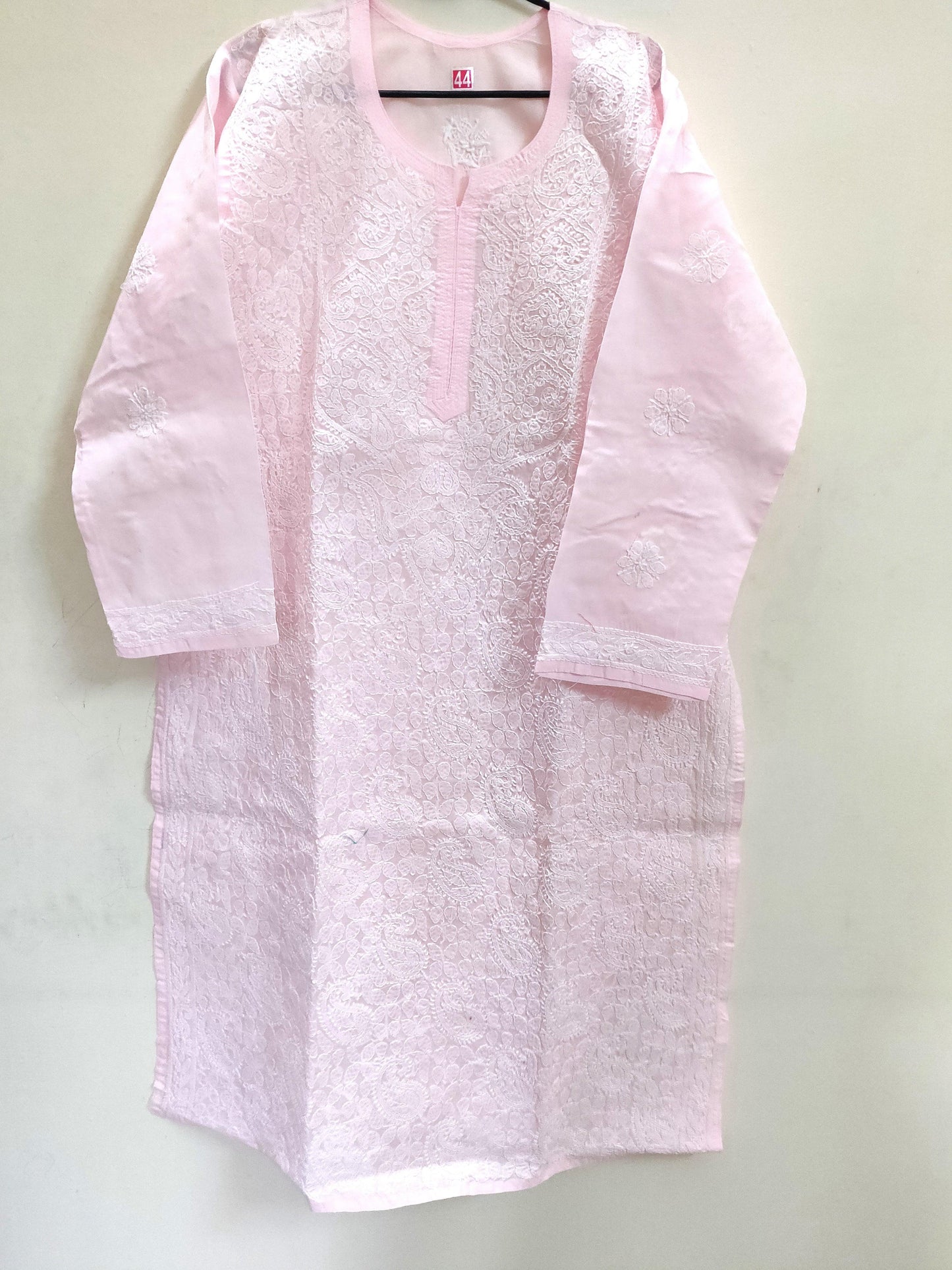 Designer Cotton Baby Pink Chikan Long Kurti Kurta SC912 Size 44-Anvi Creations-Kurta,Kurti,Top,Tunic