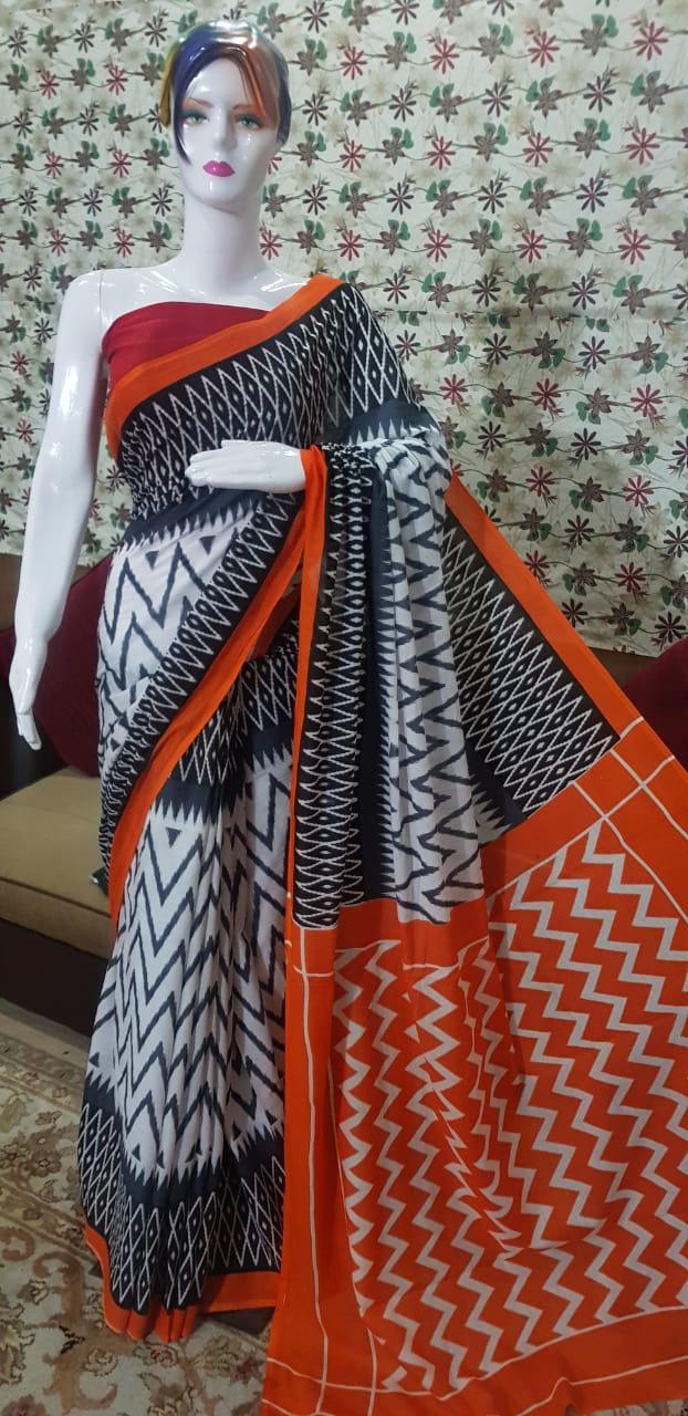 Orange Off white Screen Printed Mulmul Cotton Saree SK02 - Ethnic's By Anvi Creations