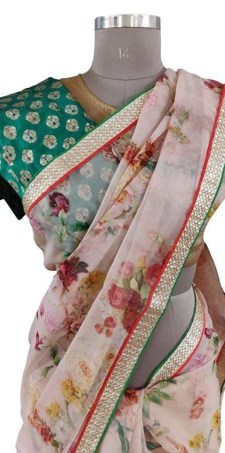 Organza Peach Floral Border Work Saree SP19-Anvi Creations-Boutique Saree