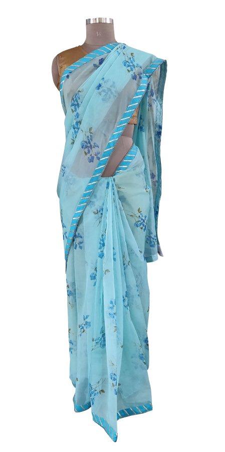 Organza Blue Floral Border Work Saree SP20-Anvi Creations-Boutique Saree