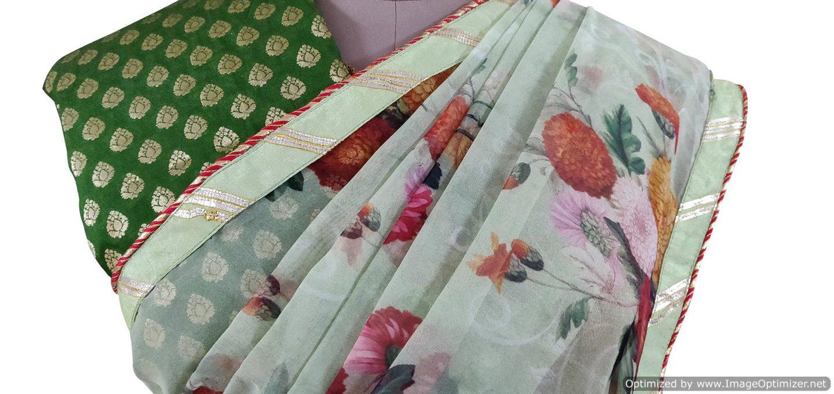 Organza Green Floral Embellished Saree SP21-Anvi Creations-Boutique Saree