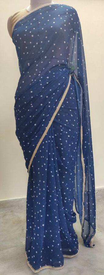 Designer Georgette Blue Polka Dot Printed Pearl Lacer Saree SP24 - Ethnic's By Anvi Creations