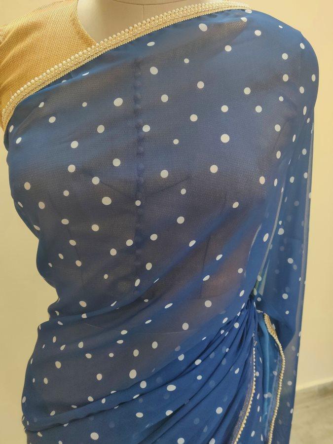 Designer Georgette Blue Polka Dot Printed Pearl Lacer Saree SP24 - Ethnic's By Anvi Creations