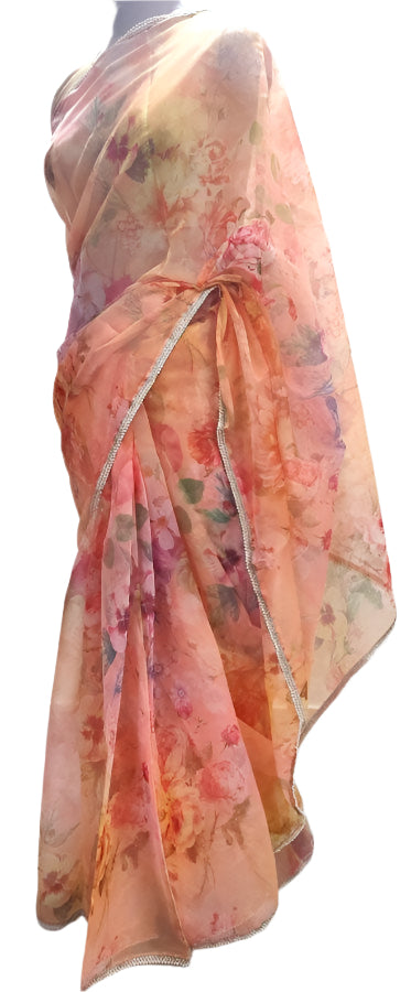 Designer Peach Organza Printed Pearl Lacer Saree SP27 - Ethnic's By Anvi Creations