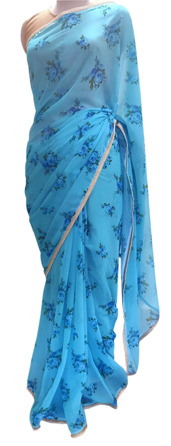 Designer Georgette Blue Floral Printed Pearl Lacer Saree SP29 - Ethnic's By Anvi Creations