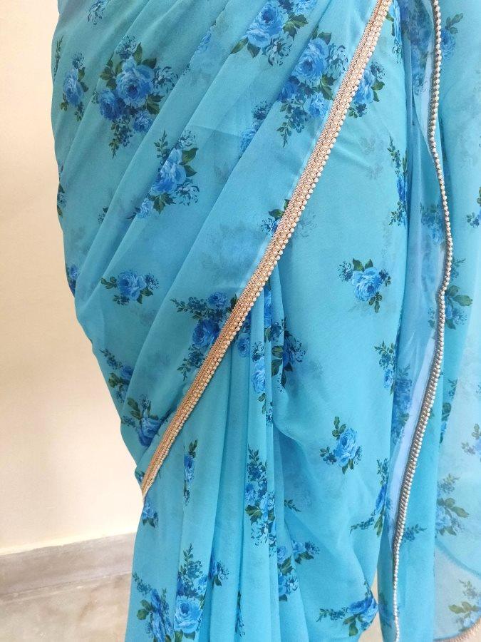 Designer Georgette Blue Floral Printed Pearl Lacer Saree SP29 - Ethnic's By Anvi Creations