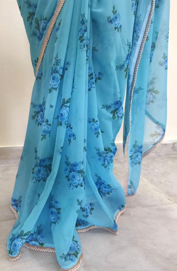 Designer Georgette Blue Floral Printed Pearl Lacer Saree SP29 - Ethnic's By Anvi Creations