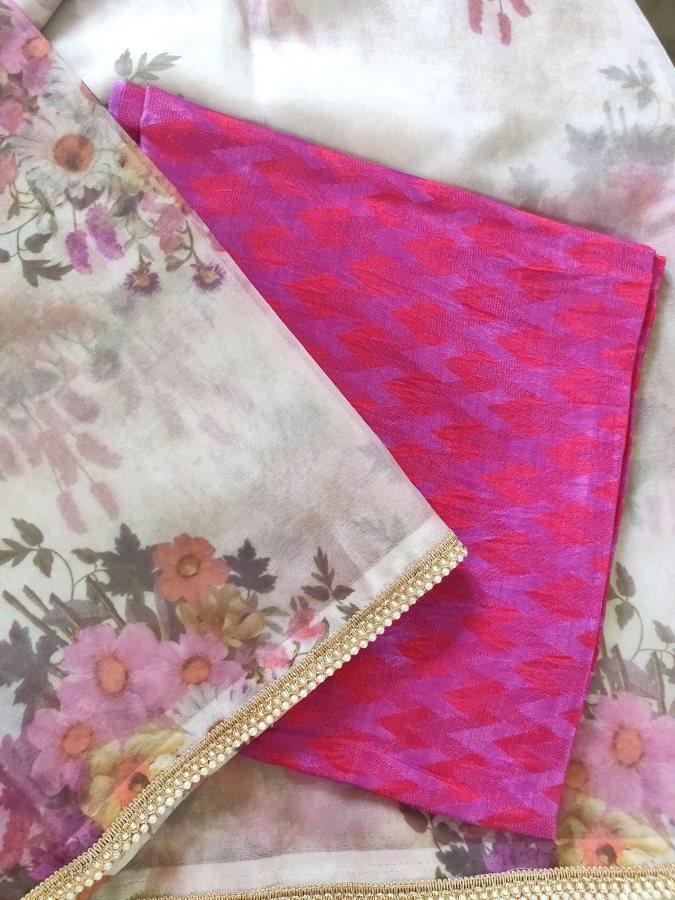 Designer Organza Onion Pink Printed Pearl Lacer Saree SP30 - Ethnic's By Anvi Creations