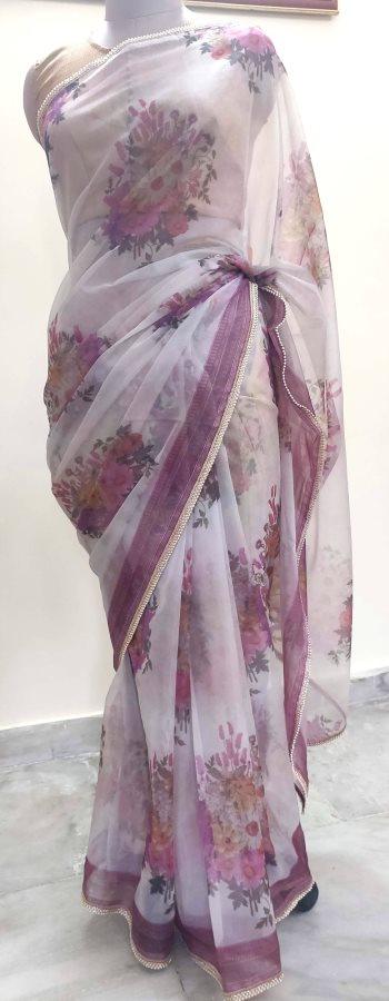 Designer Organza Onion Pink Printed Pearl Lacer Saree SP30 - Ethnic's By Anvi Creations